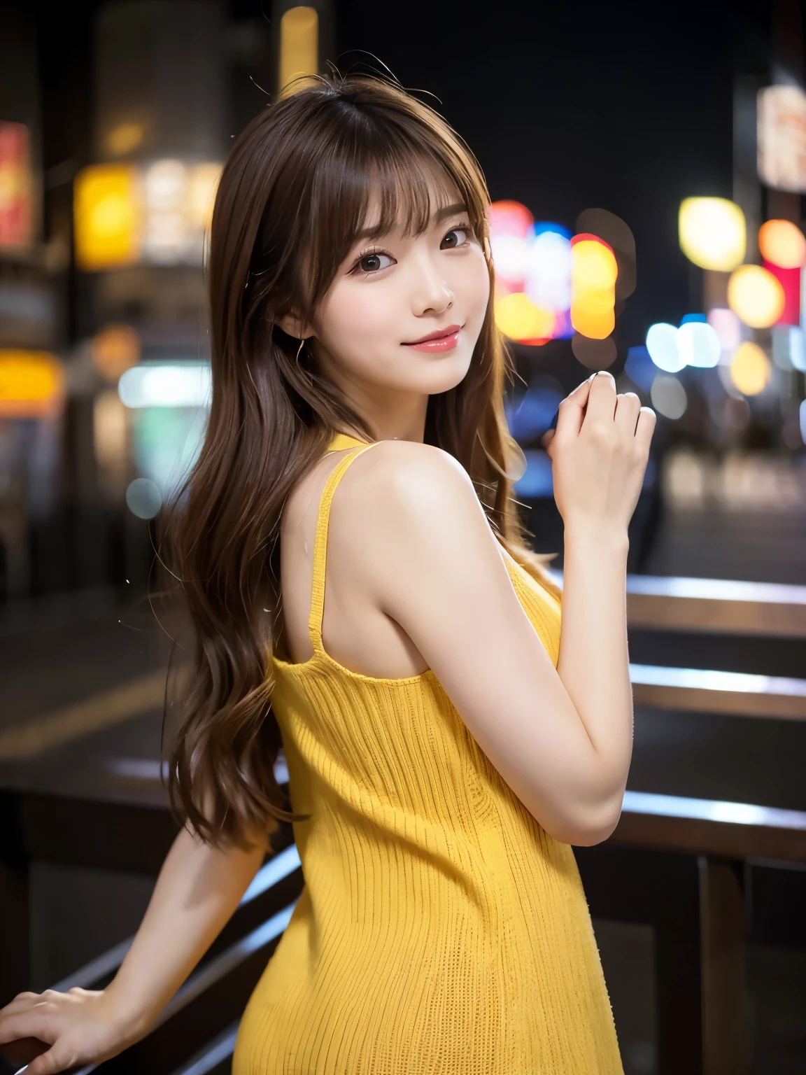 masterpiece, 1 beautiful girl, Fine grain, Puffy eyes, highest quality, 超A High resolution, (Realistic : 1.4), Cinema Lighting, Japanese, Asian Beauty, Super Beauty, Beautiful Skin, thin, (超Realisticな), (High resolution), (8k), (High resolution), (美しくてFine grain), (Very detailed), (wallpaper)、Detailed face, Bright lighting, Professional Lighting, View the art, (The costume is a colorful knit dress), Long Hair, My hair is messy, Asymmetrical bangs, Night view, Brown Hair, Japan is an idol, Korean Idol, Carving an idol pose, 23 years old, expensive, smile, Morning scenery of Flower Park, ((Forward facing position)),
