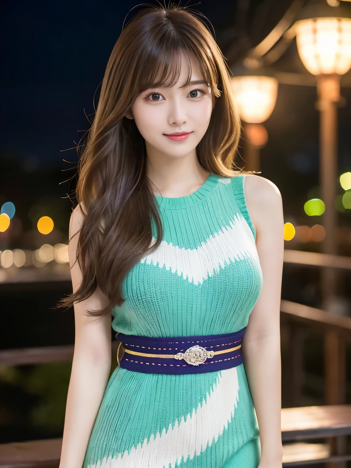 masterpiece, 1 beautiful girl, Fine grain, Puffy eyes, highest quality, 超A High resolution, (Realistic : 1.4), Cinema Lighting, Japanese, Asian Beauty, Super Beauty, Beautiful Skin, thin, (超Realisticな), (High resolution), (8k), (High resolution), (美しくてFine grain), (Very detailed), (wallpaper)、Detailed face, Bright lighting, Professional Lighting, View the art, (The costume is a colorful knit dress), Long Hair, My hair is messy, Asymmetrical bangs, Night view, Brown Hair, Japan is an idol, Korean Idol, Carving an idol pose, 23 years old, expensive, smile, Morning scenery of Flower Park, ((Forward facing position)),