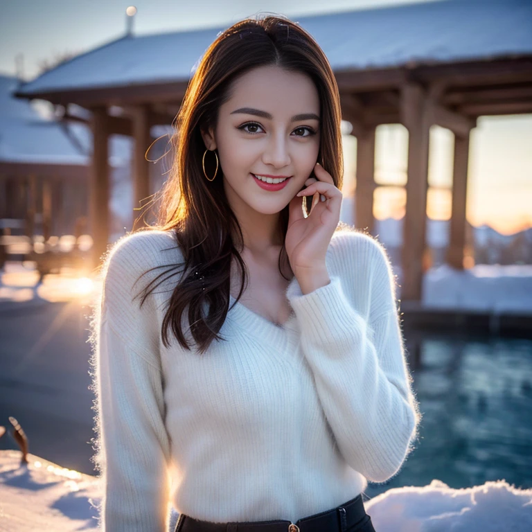 ((Top quality、8K、masterpiece:1.3))、Very pretty beautiful girl,full-body shot,Huge breasts,Breast enlargement,amazing breast size,G cup,Half breast exposed。Wear big earrings,The skin is so white,Hydrating red lips,Very thin waist,Thighs are very thin,Big Ass,Fair and smooth skin,Smooth and fair skin,flawless skin,Fair and shiny skin,Cool white skin,The camera focuses on the chest,Bright Light,White sweater,Lower body exposed,white hair,white hair,Blizzard,Snow Mountain,Sunset,lake,sweet smile,Mouth slightly open