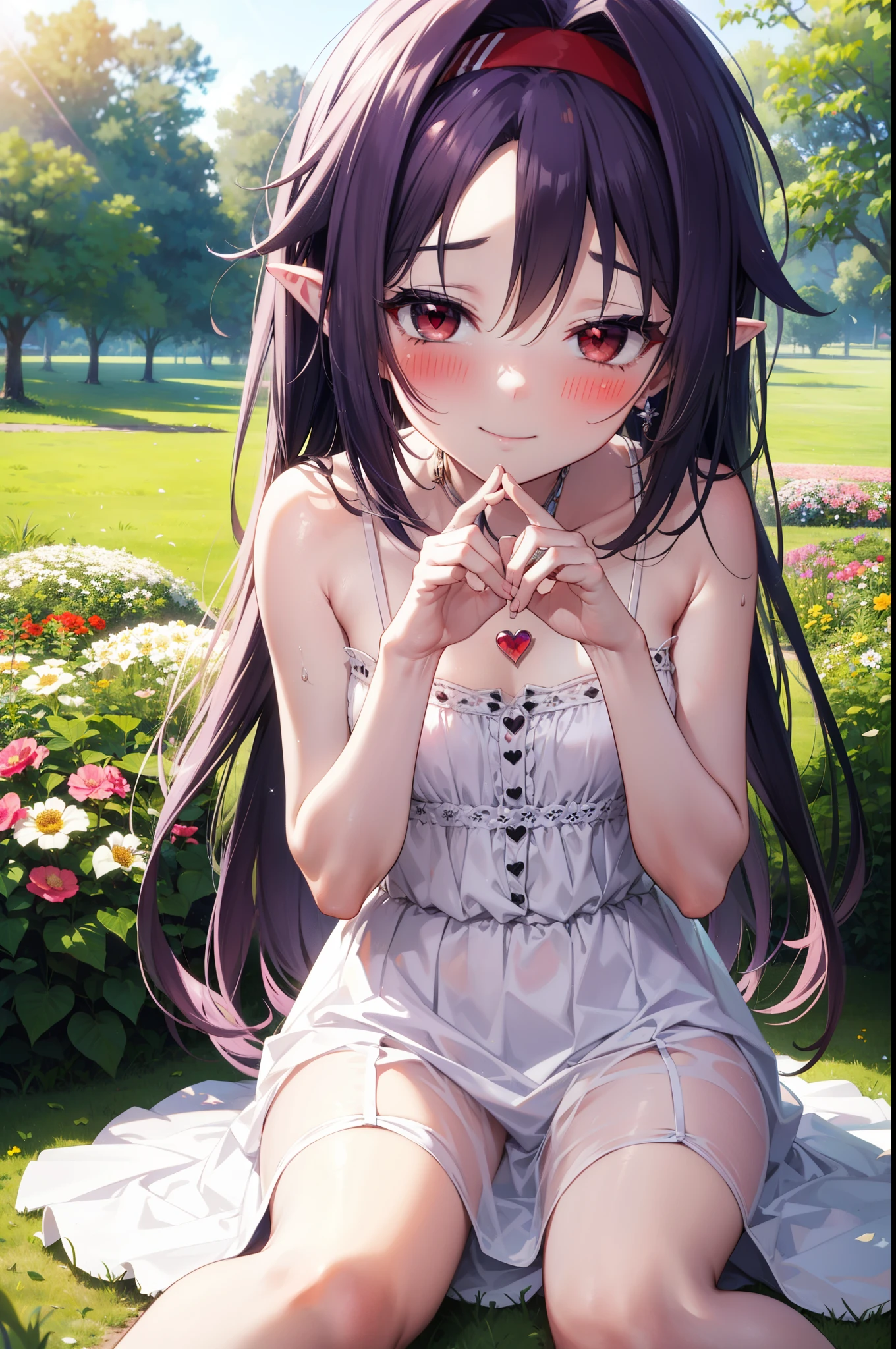 yuukikonno, Konno Yuuki, hair band, Long Hair, Pointed Ears, Purple Hair, (Red eyes:1.5), (Small breasts:1.2), Squint both eyes,blush,happy smile, smile, Close your mouth,White sleeveless dress,Bare arms,Heart Pendant,Long skirt,Barefoot flower crown,whole bodyがイラストに入るように,Sitting,Looking up from below,
break looking at viewer, whole body,
break outdoors, nature,Flower Field,
break (masterpiece:1.2), highest quality, High resolution, unity 8k wallpaper, (figure:0.8), (Beautiful fine details:1.6), Highly detailed face, Perfect lighting, Highly detailed CG, (Perfect hands, Perfect Anatomy),