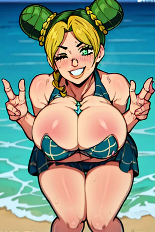 1girl, huge , smiling, dynamic pose, bikini, one eye closed, wink, leaning forward, hands on knees, bare legs and thighs, beach, beautiful detailed eyes, beautiful detailed lips, extremely detailed face and eyes, long eyelashes, photorealistic, 8k, high quality, masterpiece, studio lighting, vivid colors, professional, hyper detailed, realistic, character portrait, jolyne