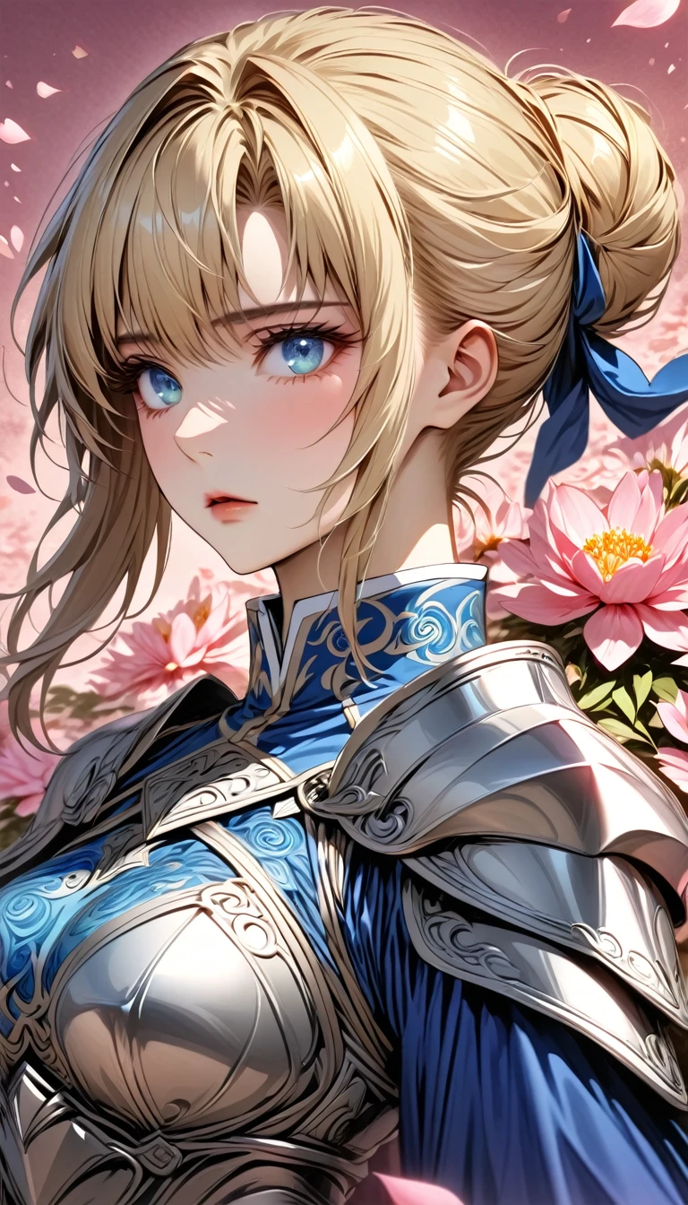 Ultra detailed, highres, absurdres, HDR, Saber, Arthuria Pendragon, blond hair with bangs tied in a bun, expressive turquoise eyes, Fate Stay Night, pink petals, pink flowers, woman, solo, extremely beautiful, very detailed face and eyes, blue long dress with patterns, pink background, fantasy, magical, silver armor,