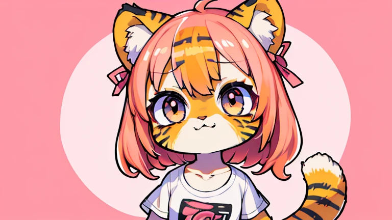 (obra maestra, Alta calidad, mejor calidad, 8K, high resolution), ((estilo chibii, Chibi lindo)), (solo, 1 girl), {Tiger Girl, cara de tigre, 2 colmillos, long eyelashes, delineador de ojos} {bigotes de tigre}, (((Piel de tigre por todo el cuerpo., Rayas de tigre en el cuerpo.))), (pelo naranja), cabello corto, Pinza para el cabello, [[Pinza para el cabello white flower on hair]], ((Muy feliz)), ((boca abierta)), ojos naranjas, [pupilas negras], ((buscando)), (very small breasts), brazos delgados, (un brazo arriba, un brazo hacia abajo), axilas, ((mini camiseta rosa, camiseta rosa completa)), {shorts blancos}, {{{mini cola de tigre, Cola en la espalda}}}, (cuerpo completo), (((de pie, jump angle))), dynamic pose, Fondo blanco, fondo sencillo, ((((Estilo Tora-chan no Hanayome)))), (old anime style 40s), estilo animado, anime color.