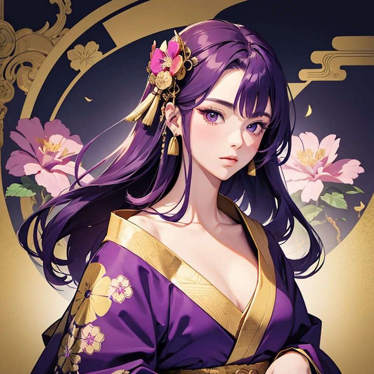 (4K, masterpiece, highest quality, illustration), 1girl, Japanese princess, Purple hair, (Exquisite Kimono With Gold Flower pattern), Feudal Japan Palace Background