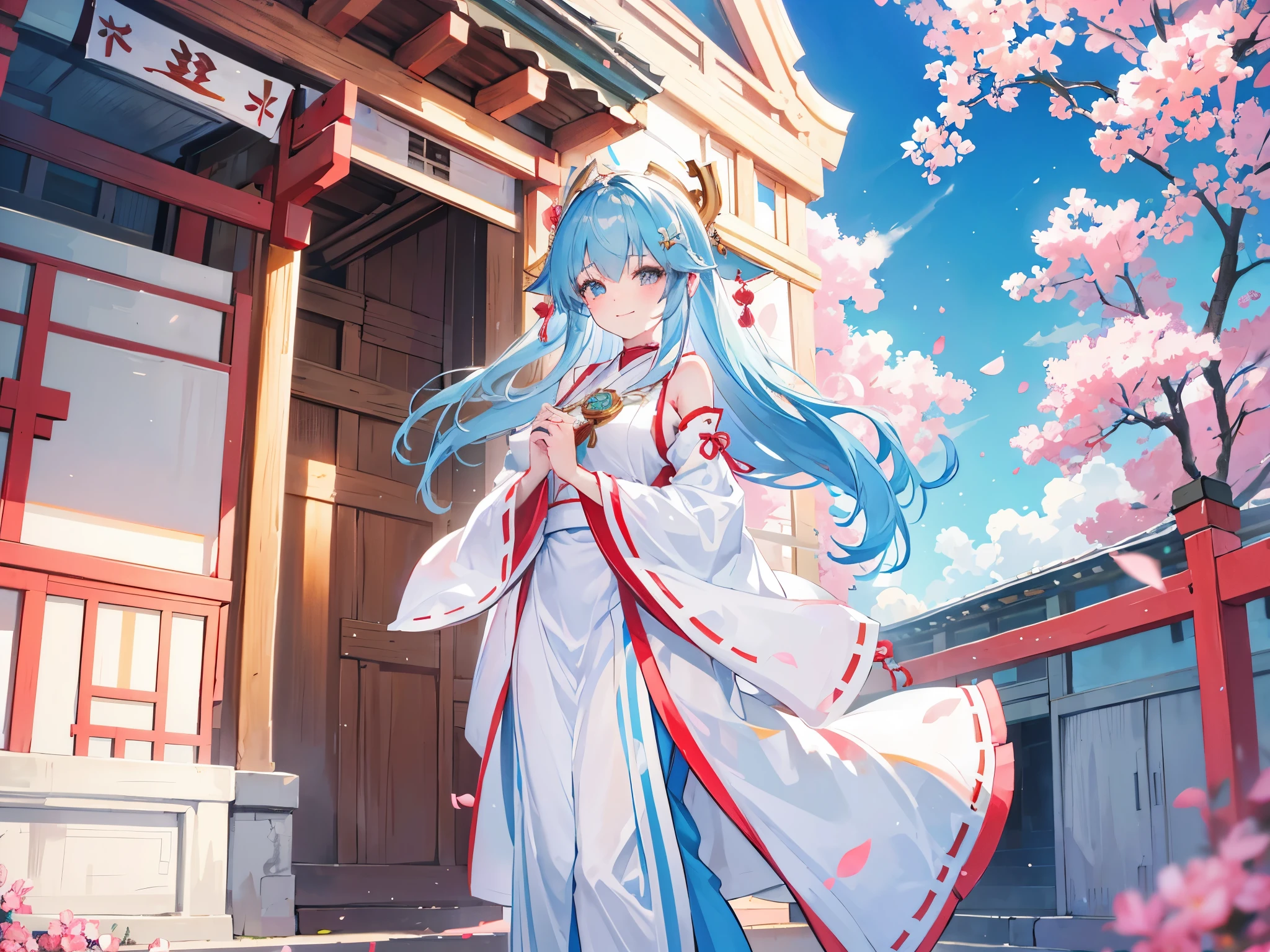 4K photo of an 18 year old girl with brown hair, light blue hair, wearing a miko outfit. Walking in the shrine with joy and smiles