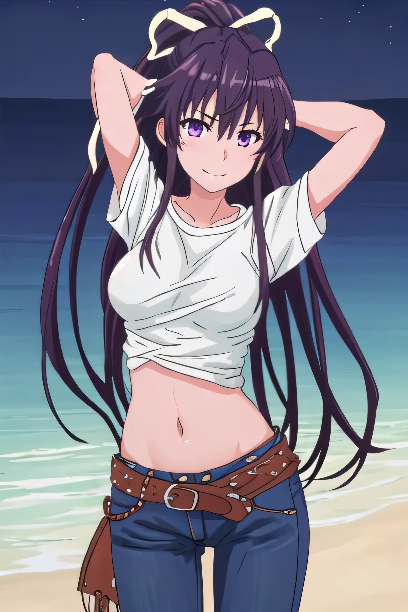best quality, masterpiece, highres, solo, {kanzaki_kaori_toarumajutsunoindex:1.15}, long_hair, ponytail, ribbon, hair_ribbon, single pantsleg, white shirt, jeans, white ribbon, brown belt, asymmetrical legwear, black_hair, purple_eyes, very_long_hair, 1girl, purple_hair, solo, night sky, beach, arms behind head, contrapposto, spread armpits, closed mouth, smile, (cowboy shot:1.5), looking at viewer,