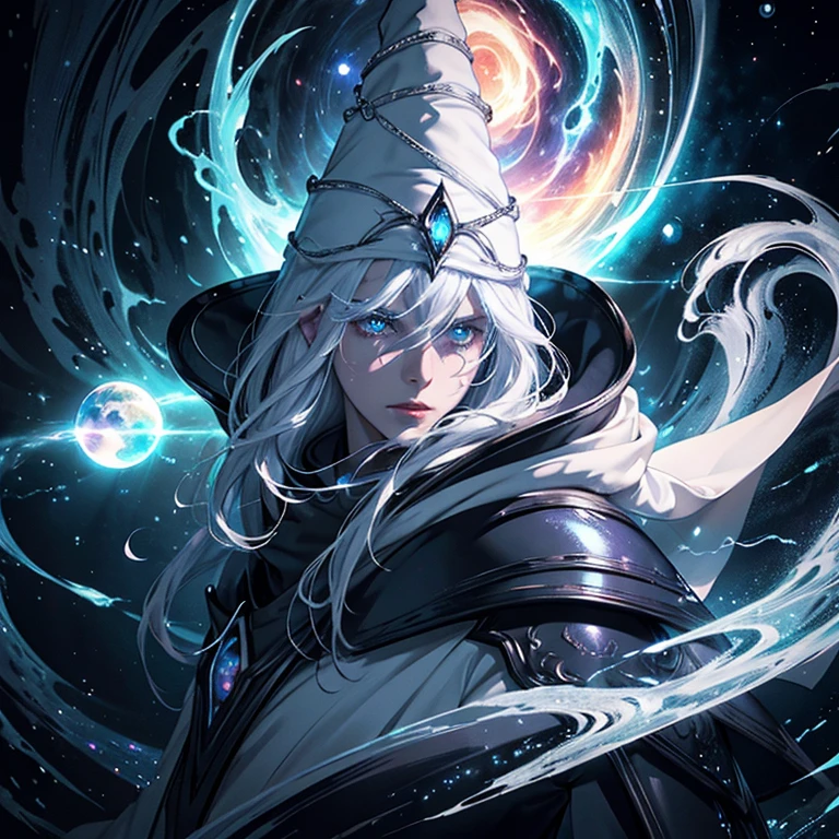 a powerful white mage, white wizard, extremely detailed face, beautiful detailed eyes, beautiful detailed lips, long eyelashes, intricate robes, glowing hands, creating a swirling black hole, cosmic energy, abstract cosmic background, highly detailed, cinematic lighting, dramatic composition, vibrant colors, hyper realistic, 8k, photorealistic