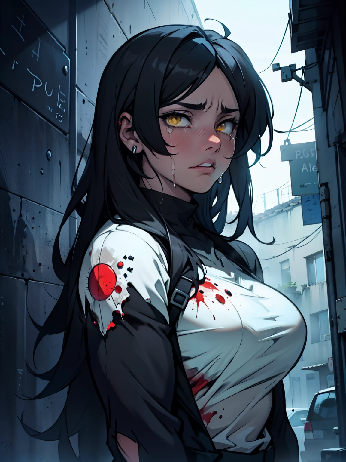 sad pale muscular girl breasts hair black hair yellow eyes extremely long hair sad dark atmosphere thick bloody crying tears