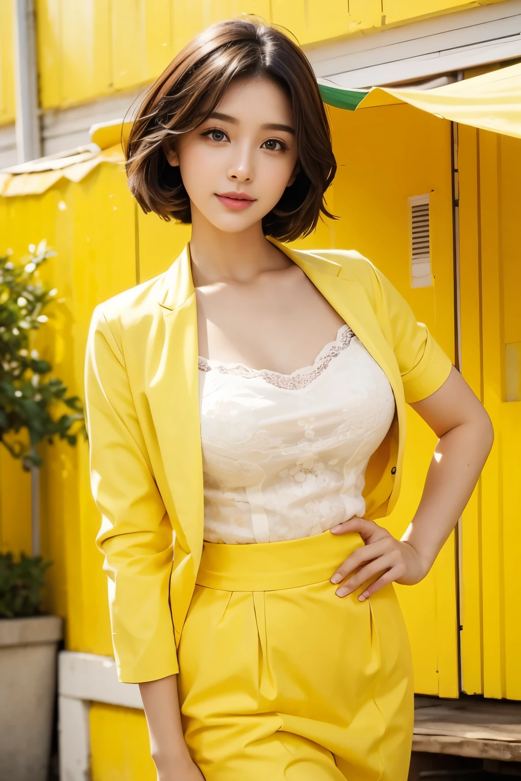 Feeling fresh like a lemon, beautiful woman, Colorful backgrounds, magazine pose, neat clothes,