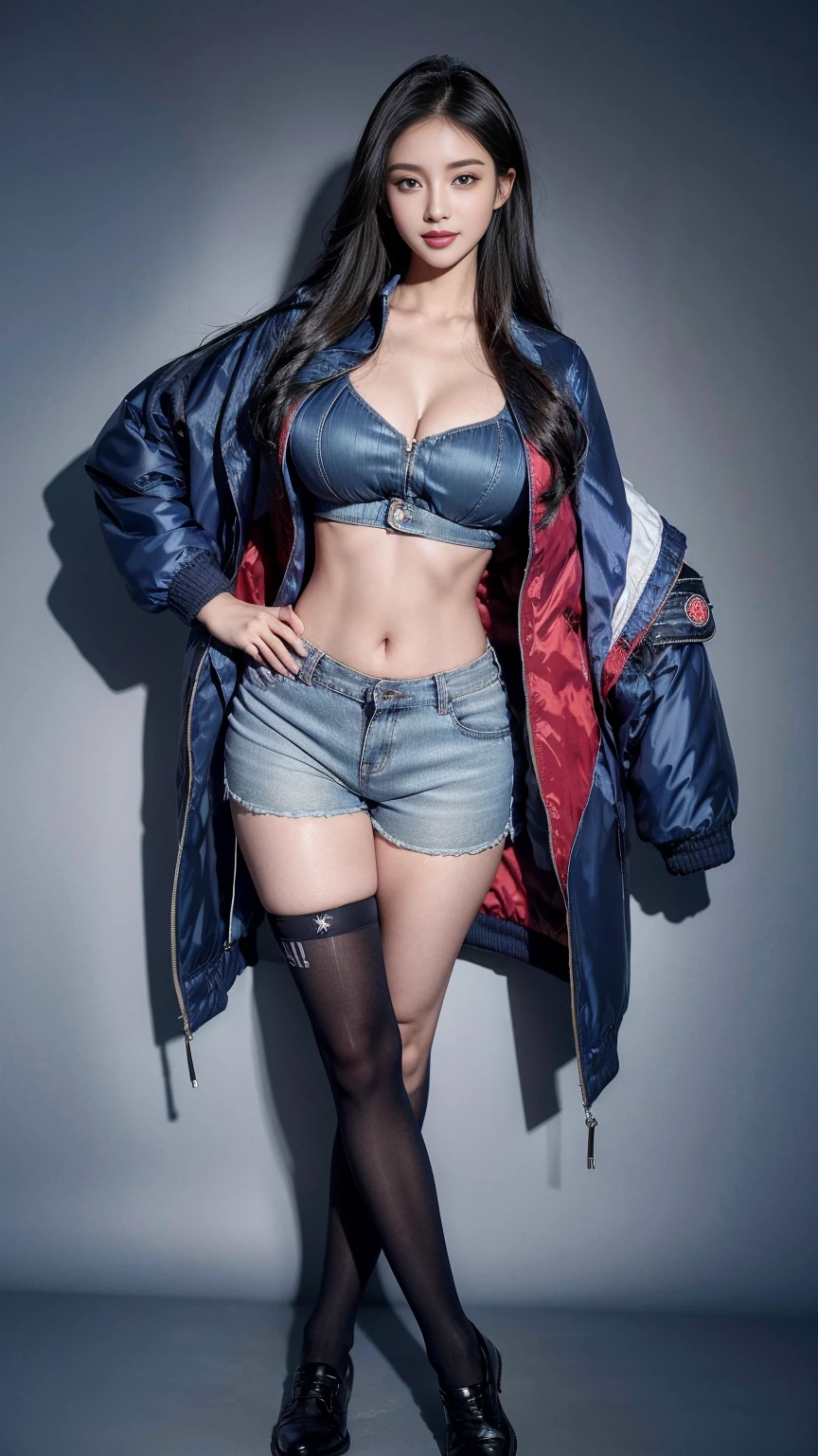 Woman wearing((((Short blue jacket,Ultra shorts)))),(black,stockings garters)cycle,Silver long hair,Full scene shooting,best quality,windy,Beautiful woman,outdoor,Silver hair,Natural landscape,Physically Based Rendering, Sexy muscular body, Slim waist,,Polite,Big Ass, (whole body:1.3), 巨大的Hips, (Huge breasts)),Sexy long legs,(Thigh clearance:1.5),(Hips,Wide hips),Highly detailed face and skin texture,Delicateeyes,Double eyelids,whole body,Cute smile,20-year-old female model,Octane Rendering,Two-color lighting,Large aperture,Low ISO,White Balance,landscape