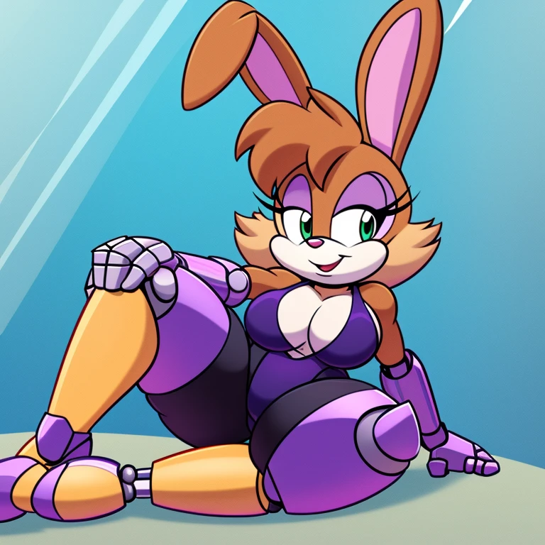 Bunnie Rabbot from Sonic Satam, wearing purple one piece swimsuit, wearing black shorts, brown fur, one robotic leg, thick thighs, beautiful limbs, sitting down doing pin up pose, high quality, Dan Haskett Character Design style,