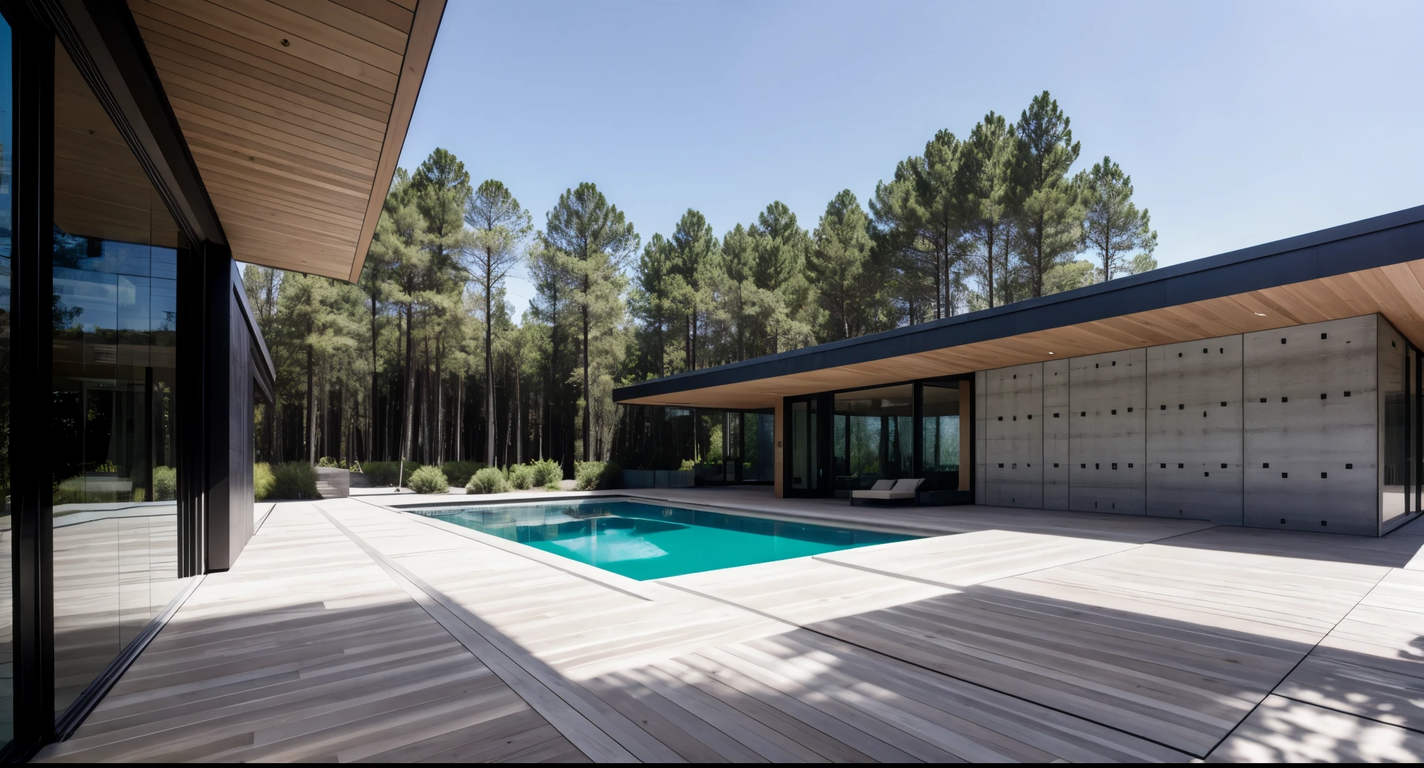modern architecture, Wood and glass materials, poured concrete roof, landscape full of trees, There is a flower garden, Natural pine wood floors