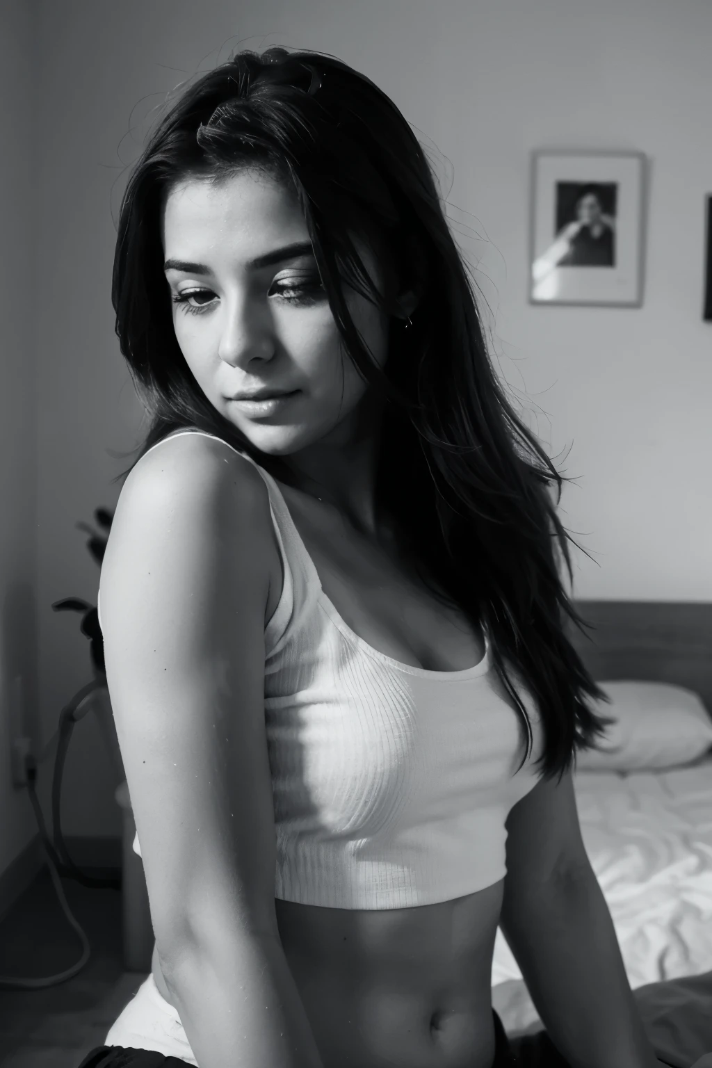 Crea un dibujo  de una chica sacandose fotos en blanco y negro