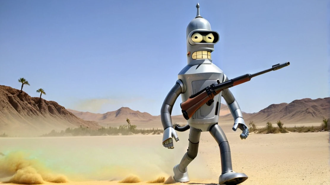 Bender holding Rifle walking in Desert, Bigger Extra Ultra Muscle, Bigger angry and Rage, style of Futurama 