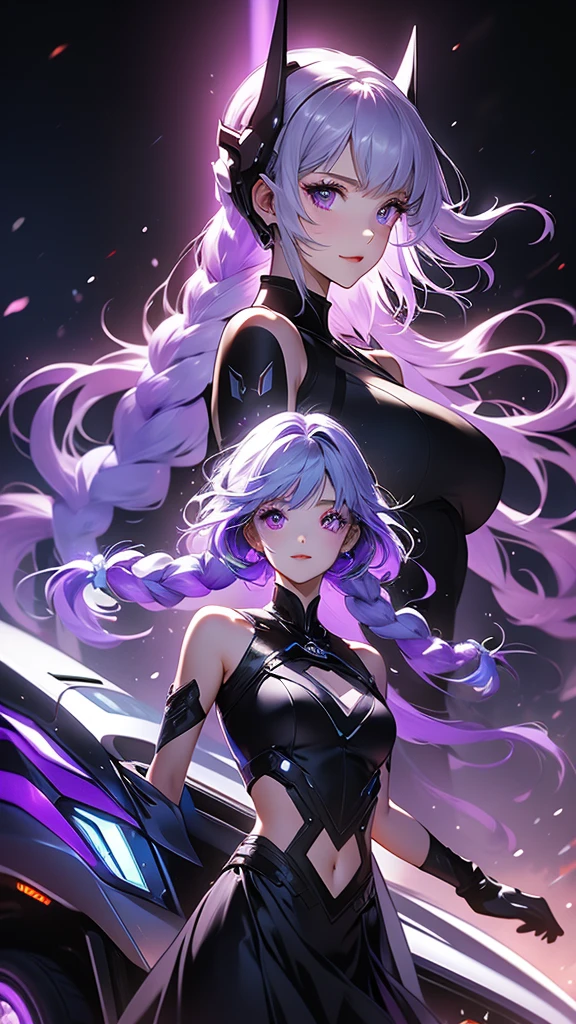 1ztsww1、Movie Posters、Inji、A happy couple is holding hands and gazing at each other、highest quality、Masterpiece、Official Art、16K、Super detailedな目、Super detailed、The best composition、Award-winning works、cyber punk、1 girl、solo、Purple Eyes、Long Hair、Twin braids、The top of the head is milky white, and the hair goes down to purple gradation.、Multicolored Hair、Elbow Handbags、bangs、にLong Hair、Bare shoulders、Black Skirt、Gray Hair、dress、smile、Side cut-outs、Covered navel、Cut out the side、Vehicles of the Future、The speed of the vehicle、Purple light afterimage after running、