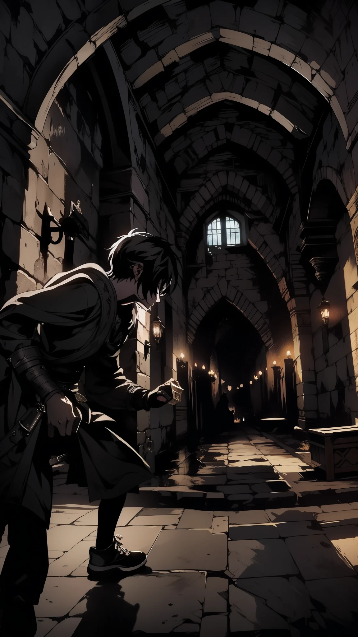 A age thief sneaks through the castle corridors during the siege, avoiding guards and traps. The medieval castle is filled with the sounds of battle outside, while inside, shadows and flickering torchlight create an atmosphere of tension. Stealthy, suspenseful, dark, atmospheric lighting. fantasy world, dark background, clean design, epic, artstation, colorful paint splatter, silhouette, hyper detailed intricate details, unreal engine, fantasy, splash screen, complementary colors, deviantart masterpiece, oil painting, heavy strokes, paint dripping, indifferent expression
