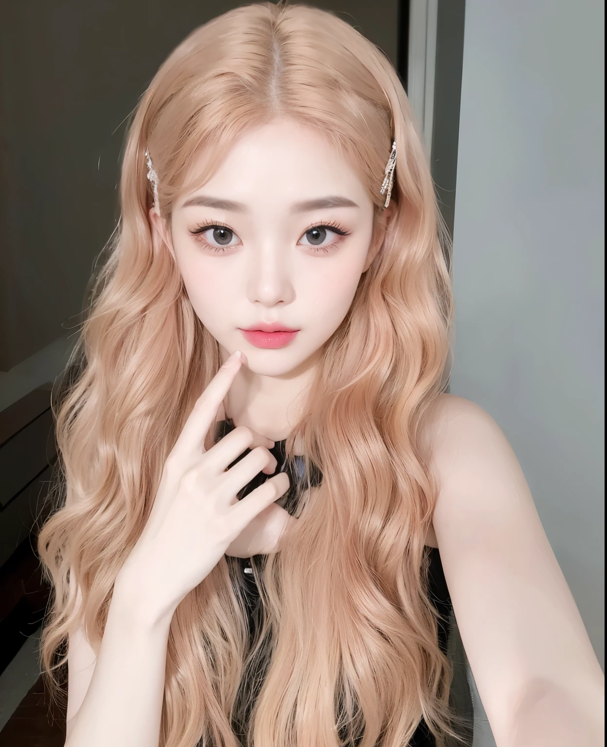masterpiece, best quality, Girl wearing black suspender top，Pink blonde hair，Flowing long hair，Long curly hair，Water wave curly hairstyle，pretty girl，a girl，Exquisite facial features，