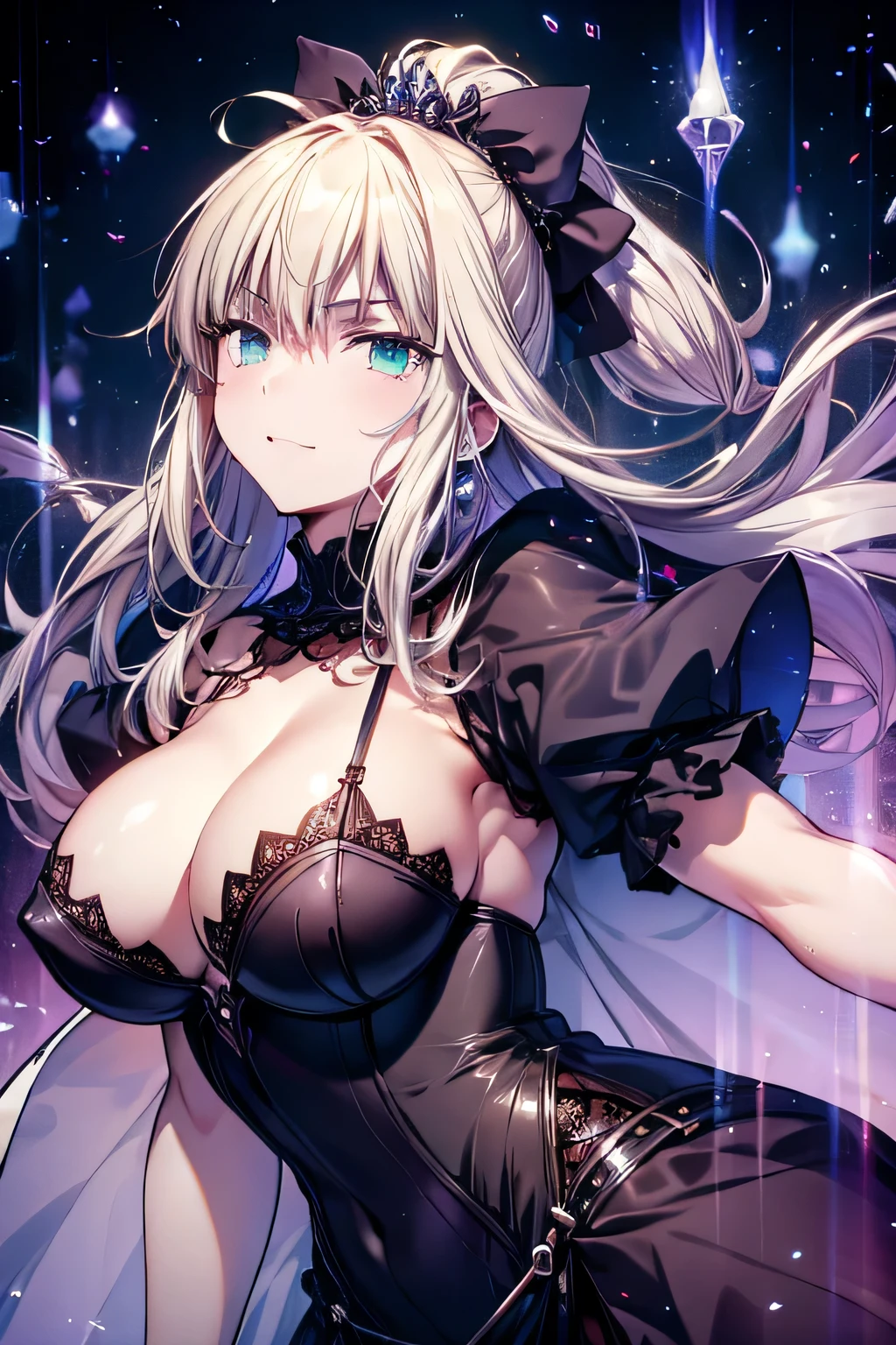 Erotic Anime Illustration、Anime Style、highest quality、The voluptuous princess knight flirts with a smile、Artoria、Perfect proportions、Gothic chapel、Stained glass、dress、Sex Appeal、Very large breasts、Fatty legs、Exposing erect nipples、Big Ass