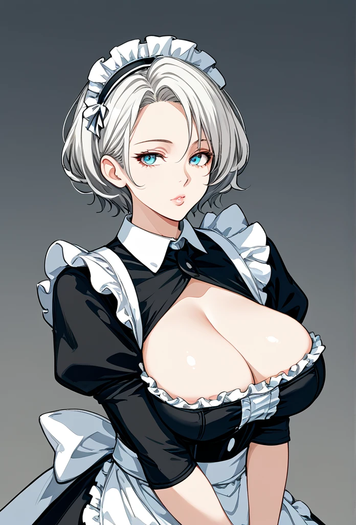 Mature woman, short hair, tidy hair, white hair, mature face, hot face, azure eyes, big breasts, curvy body, glossy lips, expressionless face, ((formal maid outfit)), (maid clothes), respectful appearance, (awaiting order pose) 