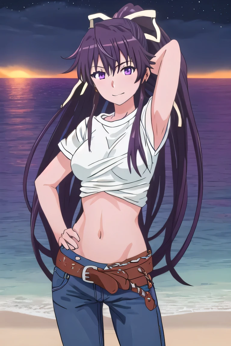 best quality, masterpiece, highres, solo, {kanzaki_kaori_toarumajutsunoindex:1.15}, long_hair, ponytail, ribbon, hair_ribbon,  single pantsleg, white shirt, jeans, white ribbon, brown belt, asymmetrical legwear, black_hair, purple_eyes, very_long_hair, 1girl, purple_hair, solo, night sky, beach, arm behind head, hand on hip, contrapposto, spread armpits, closed mouth, smile, (cowboy shot:1.5), looking at viewer,