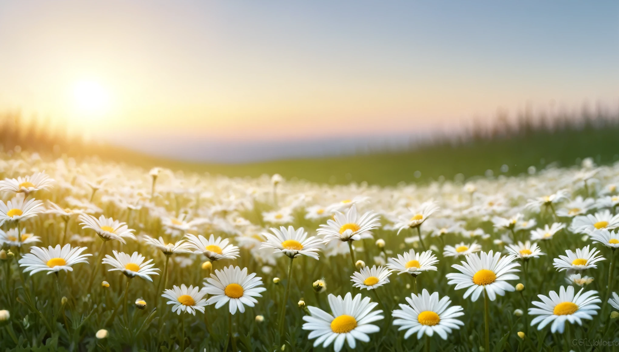 a field of daisies with the sun setting in the background, cute! c4d, amazing photo, water light scattering, morning dawn