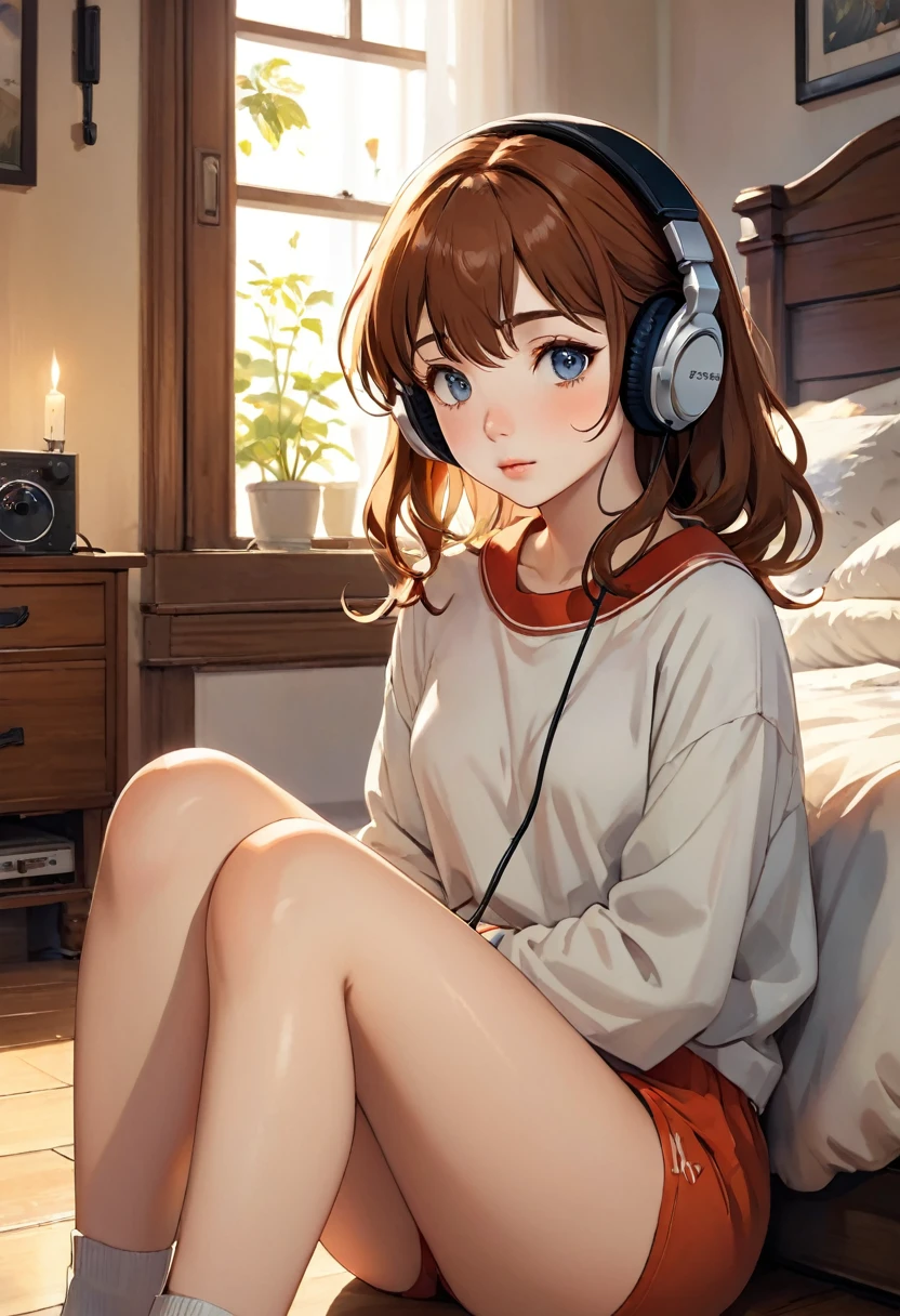 1girl, solo, sitting on floor, bedroom interior, listening to music, headphones on, beautiful detailed eyes, beautiful detailed lips, extremely detailed face, long eyelashes, serene expression, cute, Ghibli style, warm lighting, soft colors, photorealistic, 8k, high quality, (best quality,4k,8k,highres,masterpiece:1.2),ultra-detailed,(realistic,photorealistic,photo-realistic:1.37)