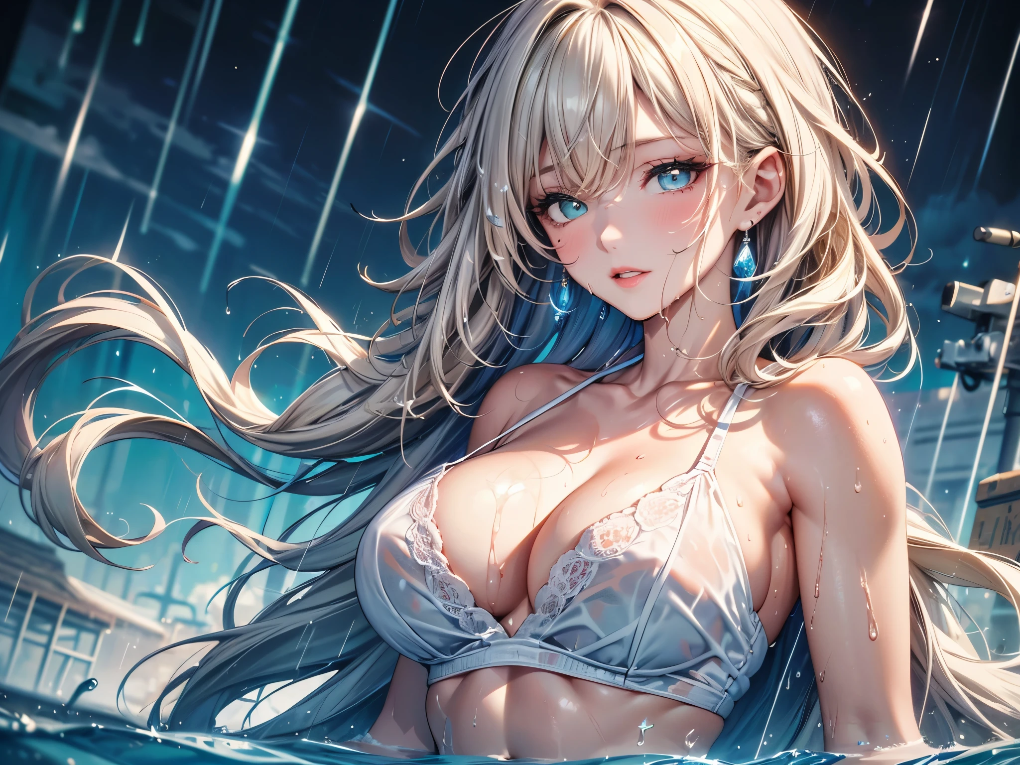 (best quality, 16K, masterpiece :1.3), pretty Woman, 1 girl, (Large Breasts, Beautiful clavicle, Tempting figure :1.2), (Abdominal muscles), short hair, wavy end, Blonde ombre light blue hair, Messy hair, side lock, (wet from rain, get wet by rain, wet :1.2), Sky blue gradient lake green eyes, Upturned eyes, Pupils sparkling, the pupil reflelts the surroundings, Super detailed face, Delicate lips, Exquisite eyes, Double eyelids, long upper eyelashes,