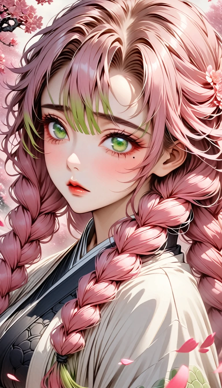 Ultra detailed, highres, absurdres, HDR, Kanroji Mitsuri, pink hair tied in two braids, expressive green eyes, mole under her eyes, pink petals, pink flowers, woman, Kimetsu No Yaiba, solo, extremely beautiful, very detailed face and eyes, white haori with patterns, black dress, pink background, fantasy, magical,
