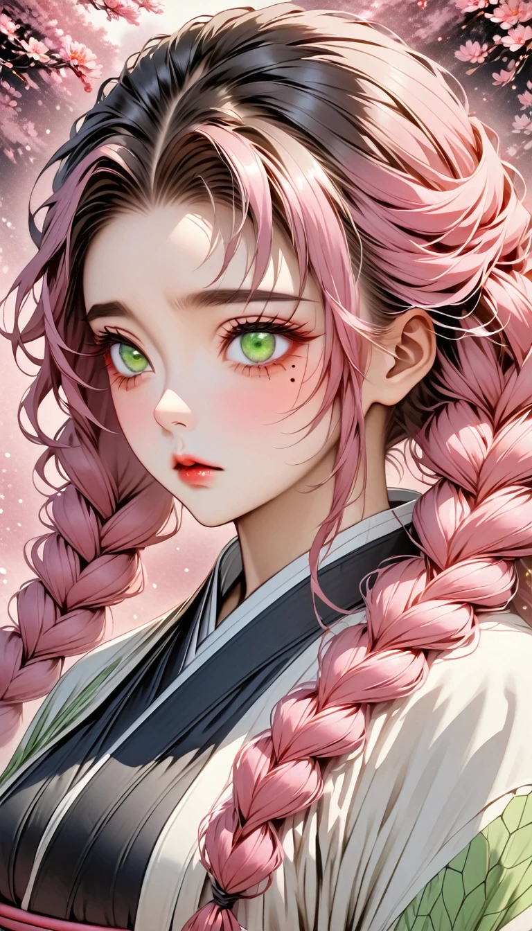 Ultra detailed, highres, absurdres, HDR, Kanroji Mitsuri, pink hair tied in two braids, expressive green eyes, mole under her eyes, pink petals, pink flowers, woman, Kimetsu No Yaiba, solo, extremely beautiful, very detailed face and eyes, white haori with patterns, black dress, pink background, fantasy, magical,