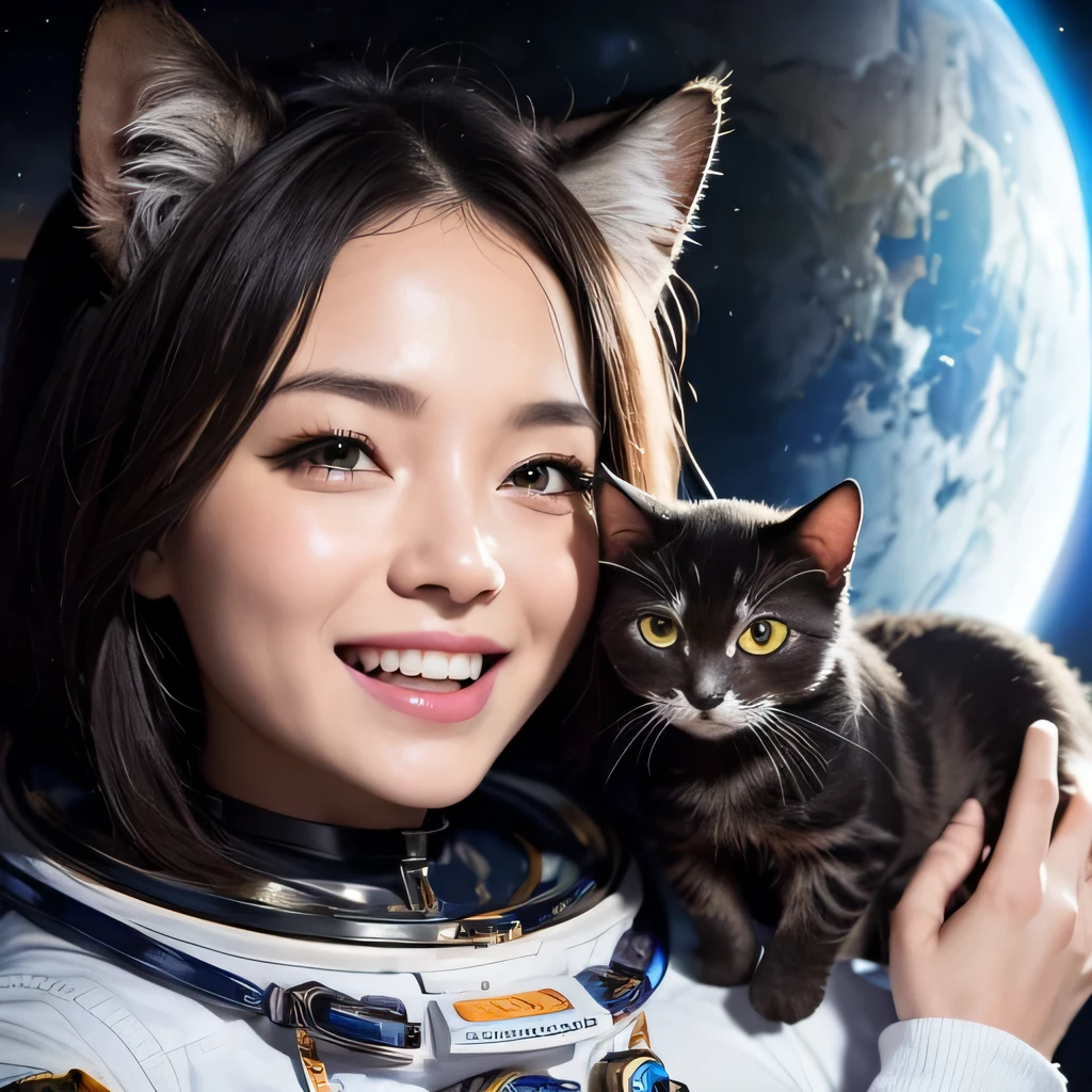 TOP quality,8K, masterpiece, ultra detailed, insanely detailed, sharp, sharpness, (1girl, cat, laugh:1.2), (space:1.3)