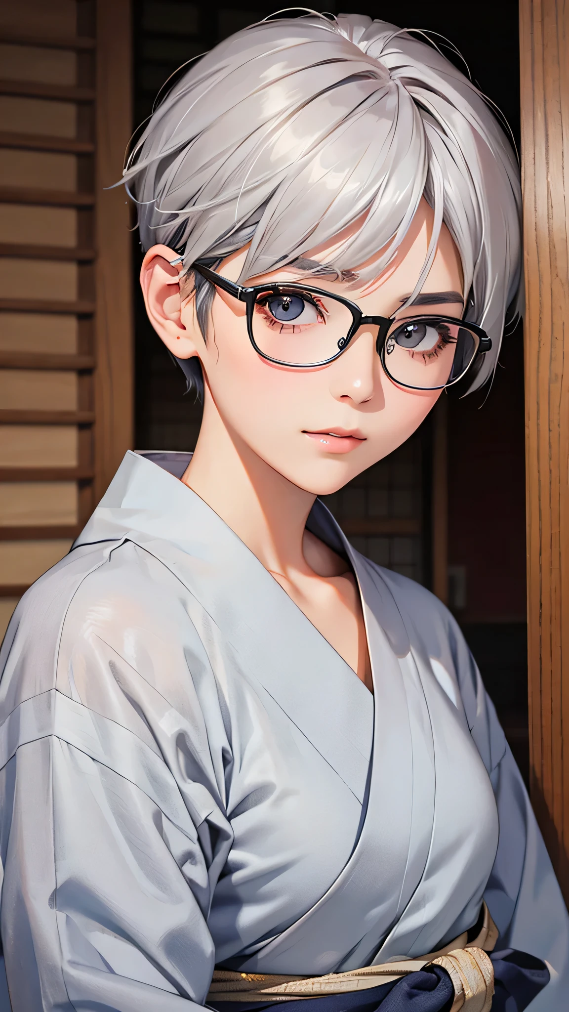 highest quality、Realistic、female、Japanese、zoom、cute、Grey Eyes、short hair、Silver Hair、Glasses、yukata、