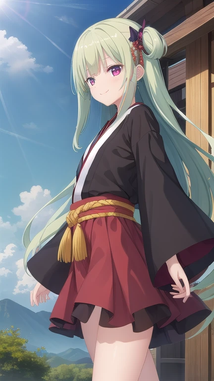((masterpiece)),(best quality),Official Art,Extremely detailed CG,Unity 8k Wallpaper,Super detailed,Beautiful and delicate eyes,Extremely detailed face,1 girl,solitary,,(whole body:1.5),(small:1.3),Smile,,Murasame,Very long hair,Green Hair,Face Up,Purple bow,hairpin,Side chains,Bangs,Red Eyes,Neck strap,Red belt,Elegant and beautiful,Long sleeves hanfu,The sky is cloudy and the clouds are shining,
The galaxy wants to turn a thousand sails dance。
It was as if the soul of a dream had returned to the imperial home,
Wen Tianyu,
He asked me where I had come from。
I reported that the road was long and twilight,
There are amazing sentences in learning poetry。
90,000 miles of wind and peng。
The wind rests,
Pengzhou blows three mountains to go!