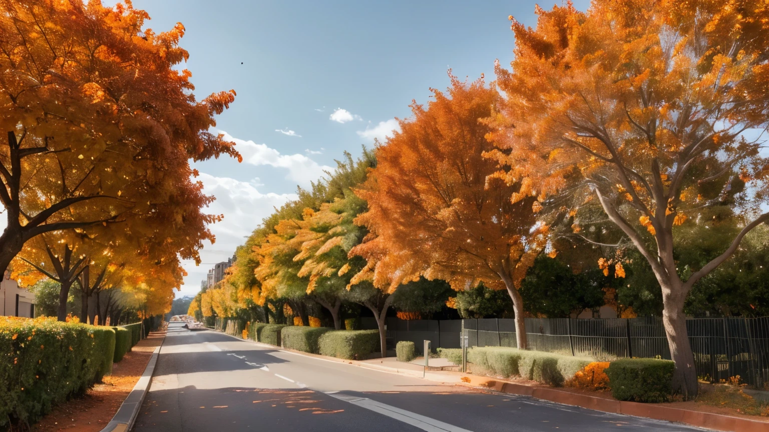 (no humans:1.2), (No humans:1.1), background, wallpaper, landscape, gray street, road, orange trees, orange trees, orange leaves, (red buildings, orange trees:1.3), red place, green grass, red apartment buildings, red apartment, (highres, high quality, masterpiece:1.1)