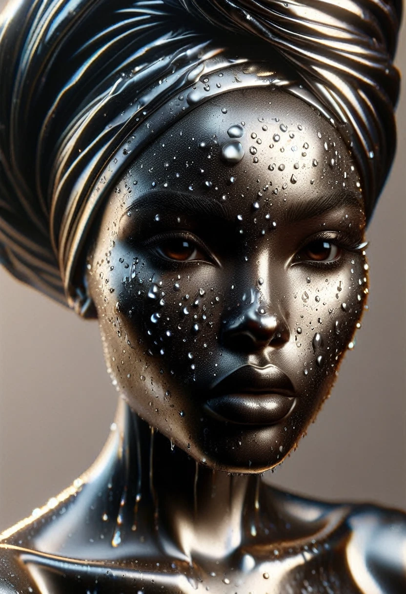 a beautiful african woman with a turban, full of shiny liquid metal, 8k, masterpiece, hyperrealistic, volumetric lighting, photorealistic, highly detailed, octane render, cinematic, dramatic lighting, glowing skin, reflective turban, intricate details, vibrant colors, chiaroscuro, portrait