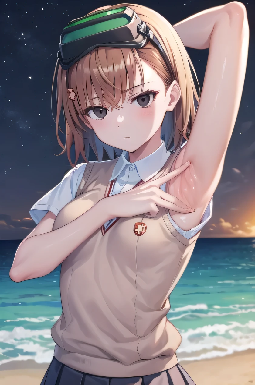 short hair, brown hair, black eyes, empty eyes, goggles, goggles on head, head-mounted display, , sweater vest, shirt, skirt, white shirt, pleated skirt, v-neck, short sleeves, tokiwadai , misaka imouto, solo, night sky, beach, arms behind head, contrapposto, spread armpits, closed mouth, upper body, looking at viewer,