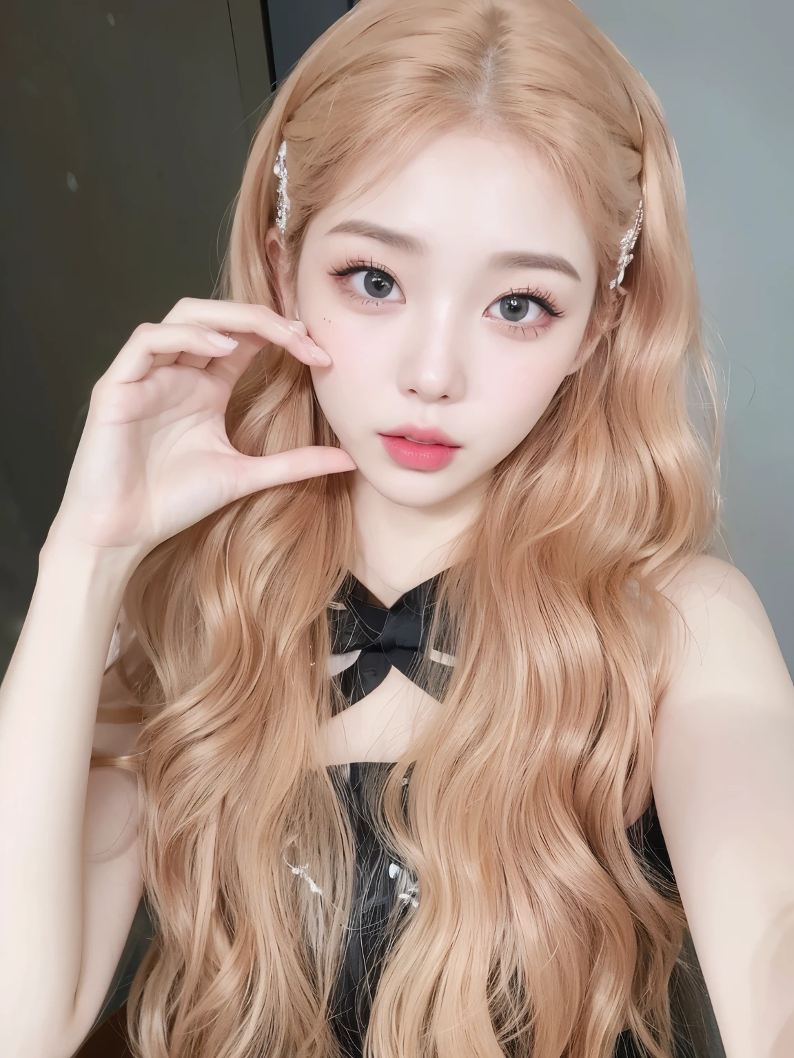 masterpiece, best quality, Girl wearing black suspender top，Pink blonde hair，Flowing long hair，Long curly hair，Water wave curly hairstyle，pretty girl，a girl，Exquisite facial features，
