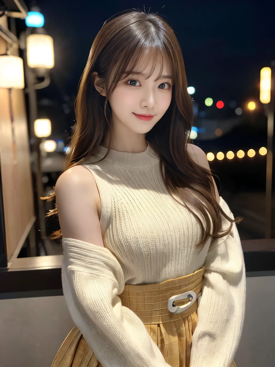 masterpiece, 1 beautiful girl, Fine grain, Puffy eyes, highest quality, 超A High resolution, (Realistic : 1.4), Cinema Lighting, Japanese, Asian Beauty, Super Beauty, Beautiful Skin, thin, (超Realisticな), (High resolution), (8k), (High resolution), (美しくてFine grain), (Very detailed), (wallpaper)、Detailed face, Bright lighting, Professional Lighting, View the art, (The costume is a colorful knit dress), Long Hair, My hair is messy, Asymmetrical bangs, Night view, Brown Hair, Japan is an idol, Korean Idol, Carving an idol pose, 23 years old, expensive, smile, Morning scenery of Flower Park, ((Forward facing position)),