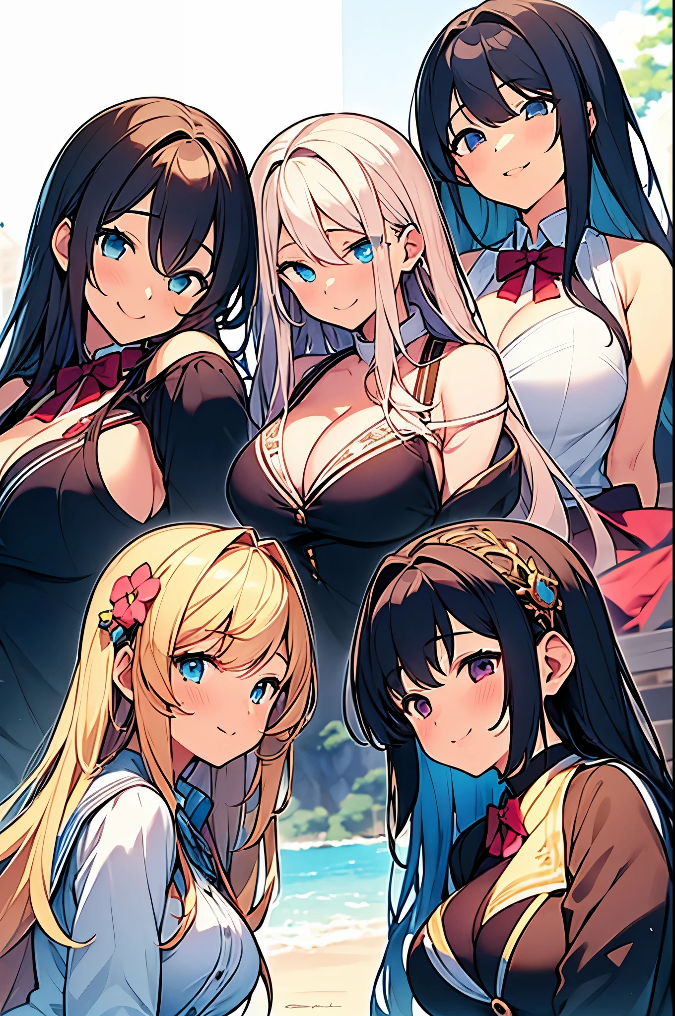 5 high school girls, busty, cleavage, , (cute detailed faces), (beautiful long hair), (confident and cheerful expressions), (youthful and energetic poses), (vibrant colors), (bright sunlight), (scenic background), (soft lighting), (fine brush strokes), (realistic style:1.2), (high-resolution:1.2), (photorealistic:1.37), (HDR), (ultra-detailed), (professional artwork), (bokeh)Group of Five High School Girls、、Big Breasts、Cleavage、mini skirt