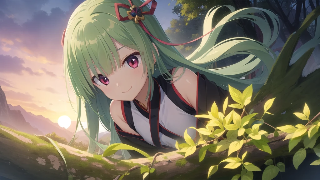 ((masterpiece)),(best quality),Official Art,Extremely detailed CG,Unity 8k Wallpaper,Super detailed,Beautiful and delicate eyes,Extremely detailed face,1 girl,solitary,,(whole body:1.5),(small:1.3),Smile,,Murasame,Very long hair,Green Hair,Face Up,Purple bow,hairpin,Side chains,Bangs,Red Eyes,Neck strap,Red belt,Elegant and beautiful，Long sleeves hanfu，The beauty of mountains and rivers，
Talk together。
Peaks go to the cloud，
Clear water bottoms out。
Stone walls on both sides，
five colors。
Green forest and green bamboo，
Ready for all times。
The dawn fog is about to break，
The chirping of apes and birds；
sunset，
Shen Lin Jing Yue。
It is indeed the fairyland of the desire world.。
Since Kangle，
There is no one who can match his wonders.。

