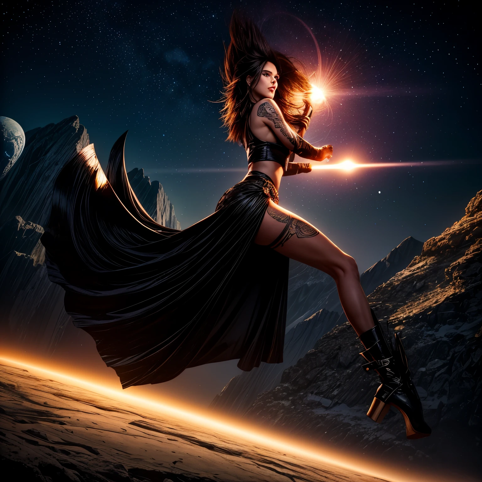 Tall Tough tattooed biker chick with two strong legs dancing on Saturn's moon Calisto, looking like a creation that could actually survive there, skirt dress touches ground, magic, art, wind, wind blown, spark, lightshow, fireflies, dust at her feet, extreme brightness, extreme dark shadows, watching the rise of the distant Sun, with Saturn fully visible in the foreground, 36k resolution Kodak professional photography, hyperdetailed, Waiting to start