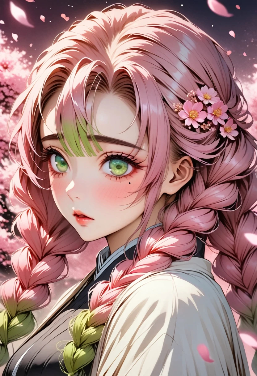 Ultra detailed, highres, absurdres, HDR, Kanroji Mitsuri, pink hair with bangs tied in two braids, expressive green eyes, mole under her eyes, pink petals, pink flowers, woman, Kimetsu No Yaiba, solo, extremely beautiful, very detailed face and eyes, white haori with patterns, black dress, pink background, fantasy, magical,