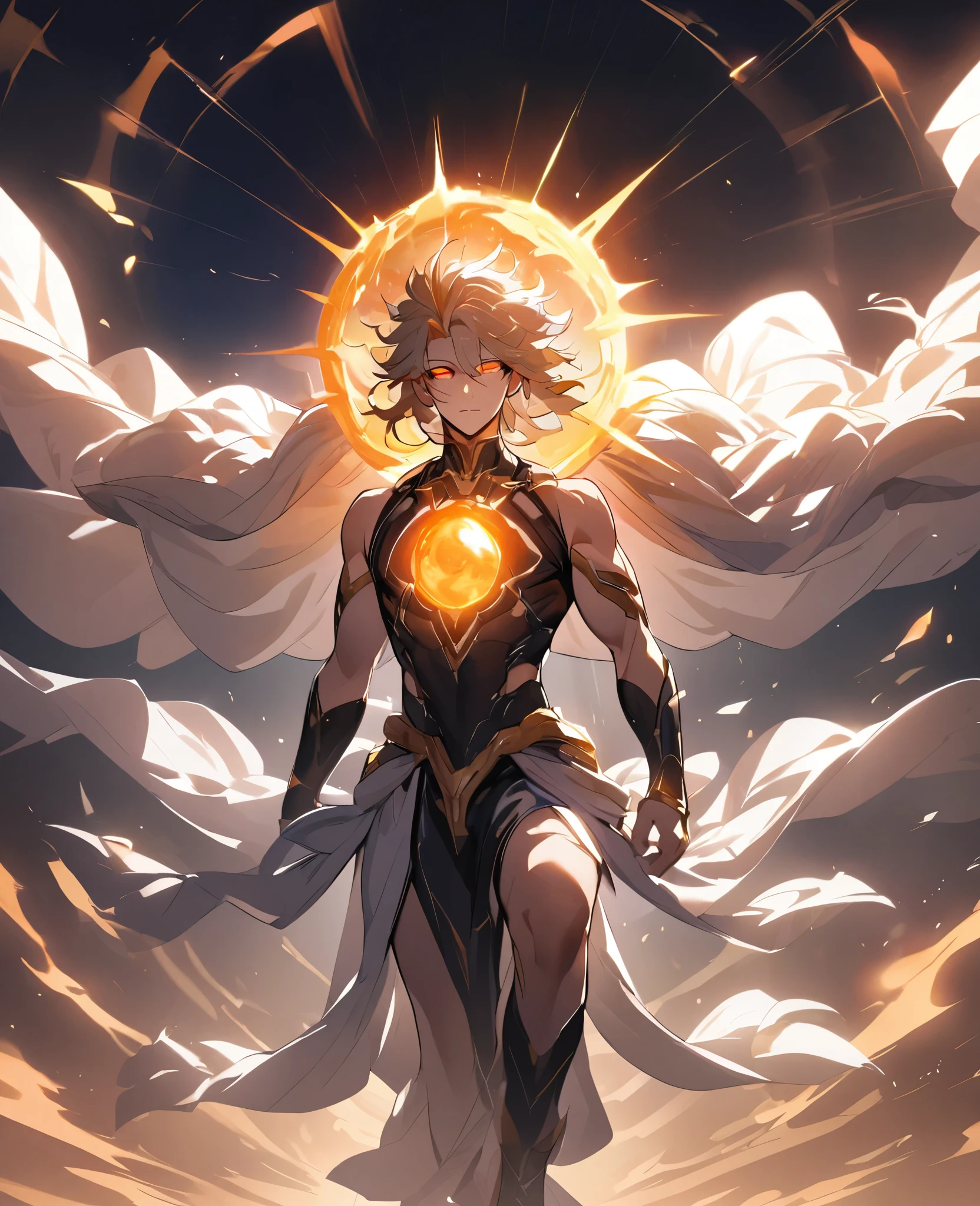 The sun, personified as a male deity, rays of light for hair, orange glowing eyes, handsome, masculine face