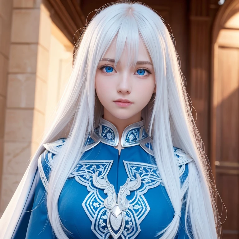 amazing quality, hyper detail, hyper realistic, 8k, rawphoto,
girl, very long hair, bangs hair style, white blue hair color, glowing dodger blue eyes color,
perfect anatomy,perfect body, perfect face detail, perfect nose, baby face
ultra detailed eyes, ultra detail face, ultra detailed skin,
wearing fantastic full body knight armor with cape, necklace, eye contact, smiling, stylish pose,whole body,