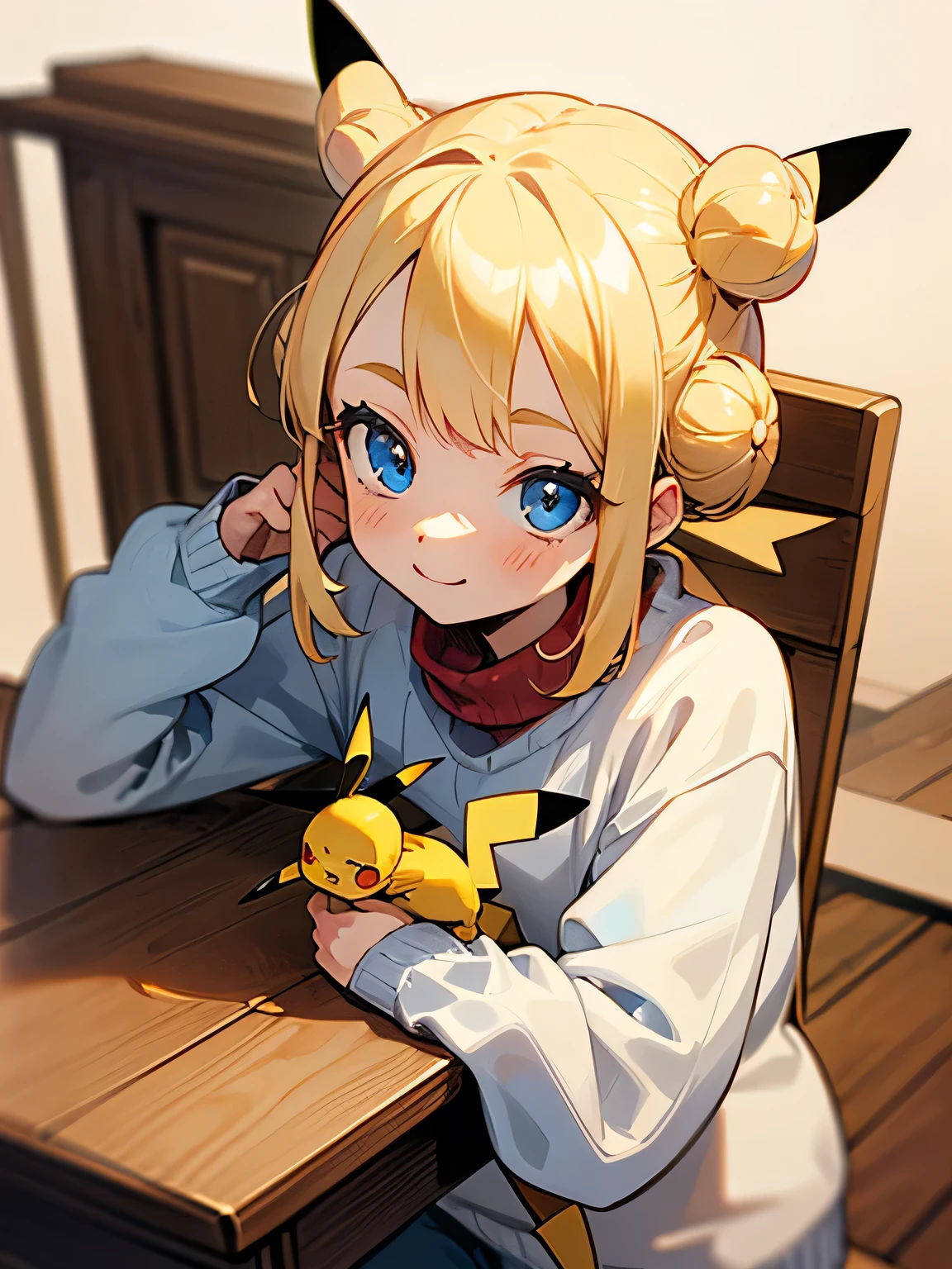 solo,head shot,blonde,triangle sharps double bun,lite blue eyes,cream color sweater,smile,(pikachu),leans her elbows on a wooden desk:1.4,