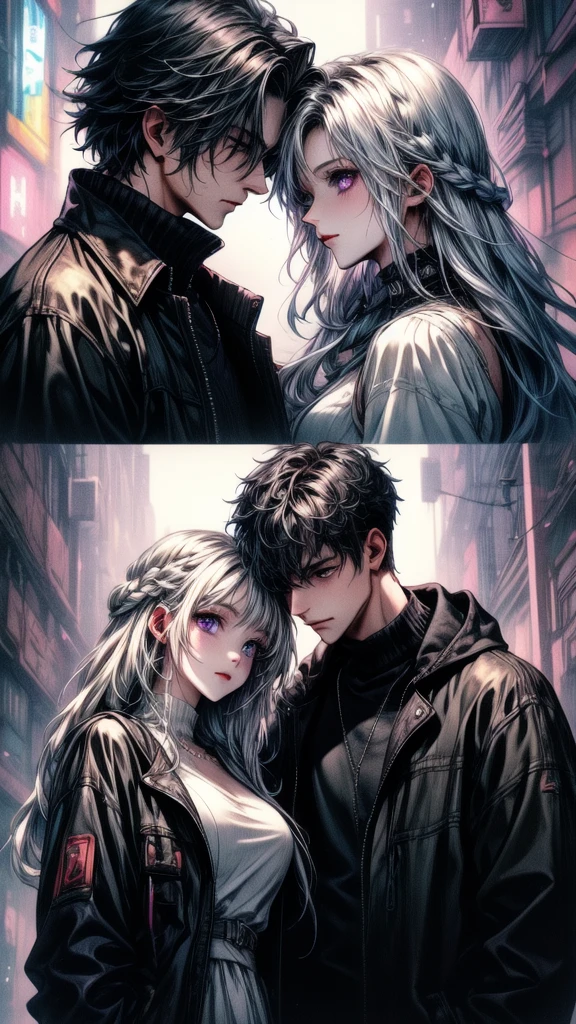 Disorganized、Man and woman couple、highest quality、Masterpiece、Official Art、16K、The best composition、The best light source、The girl has milky white hair with purple inner color, twin long braids, and black clothes in a cyberpunk style.、The man has milky white short hair and a cyberpunk look in white and light blue.、They are gazing at each other lovingly.、A kind smile、Reunion after a long time、Departure、