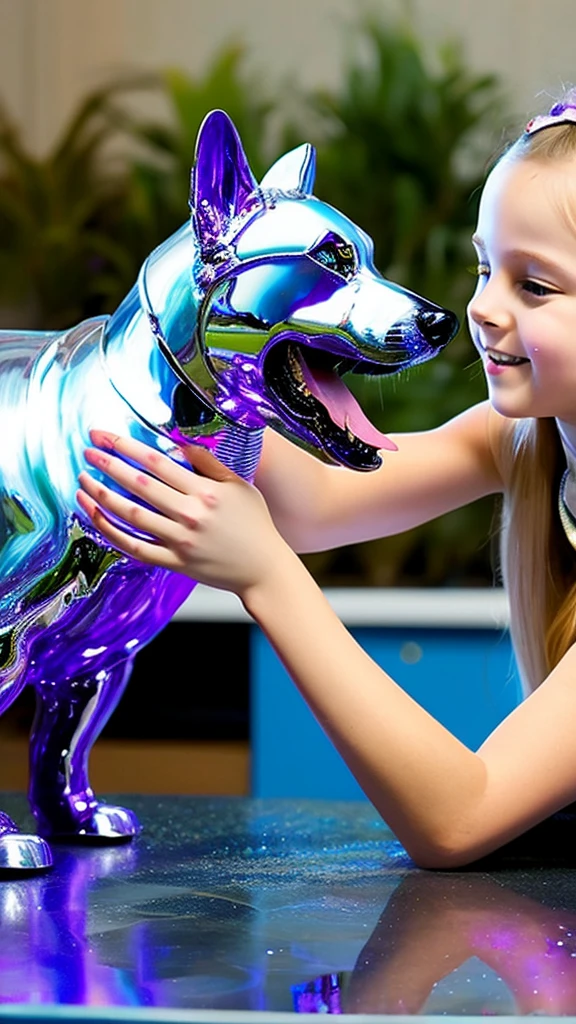 Girl plays with liquid metal dog