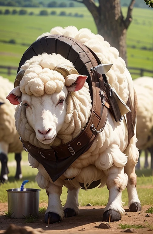 Sheep are so hot that they are cutting their own hair with clippers., There are piles of shaved body hair everywhere.., Full Body Shot.,