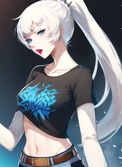 weiss_schnee, long hair, side ponytail, ponytail, blue eyes, 1girl, solo, black t-shirt, white shirt, blue jeans, belt, lipstick, large breasts, layered sleeves