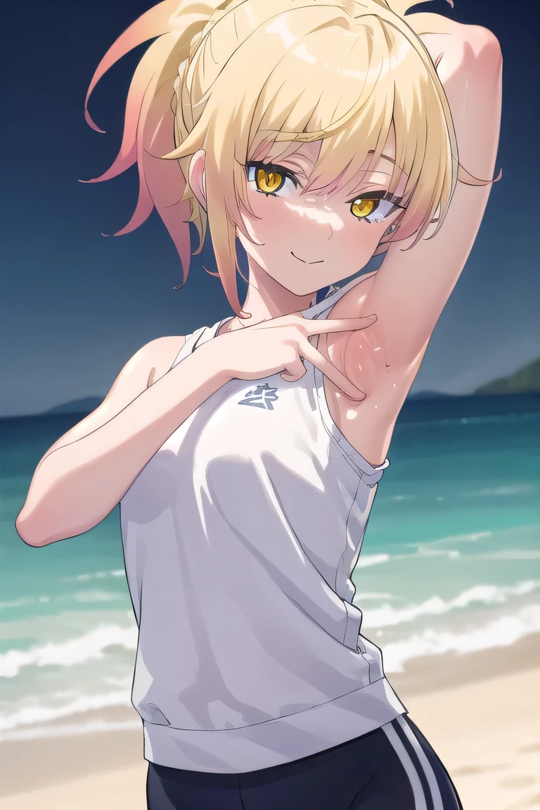 masterpiece, best quality, 1girl, kunou, blonde hair, short hair, ponytail, yellow eyes, gym outfit, white shirt, blue buruma, black socks, black shoes, closed mouth, solo, upper body, night sky, beach, arms behind head, contrapposto, spread armpits, looking at viewer, best quality, smile,