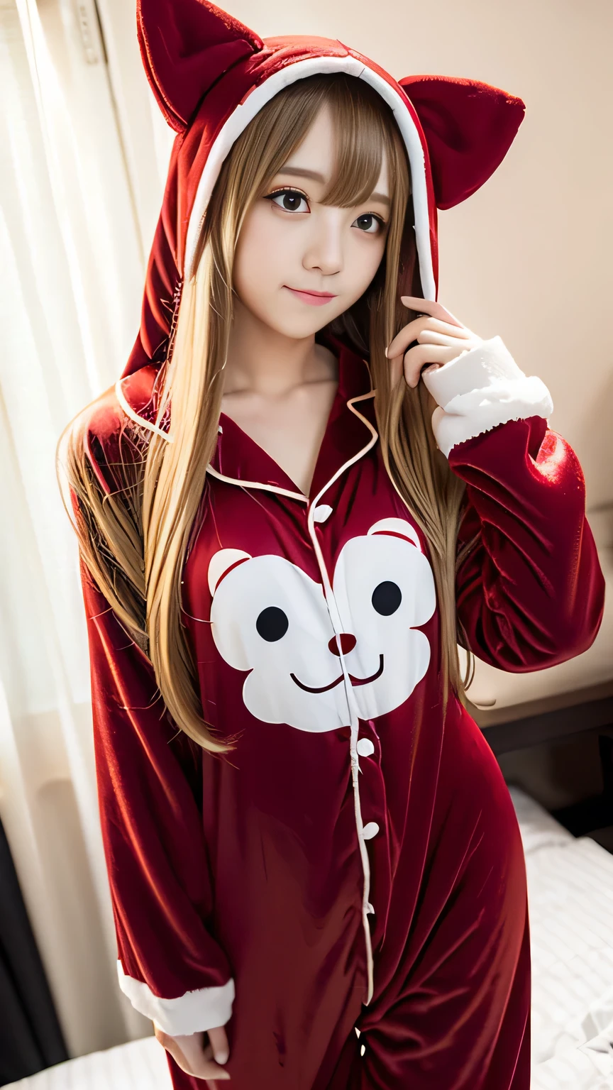 Kigurumi Costume Pajamas、Sexy Big 、A cute **-****-*** girl with a sexy and cute look, beautiful and sexy face、A strong wind blows my hair in front of my face、With straight blonde hair、beautiful, Cute and sexy eyes hidden behind long bangs、Costume pajamas